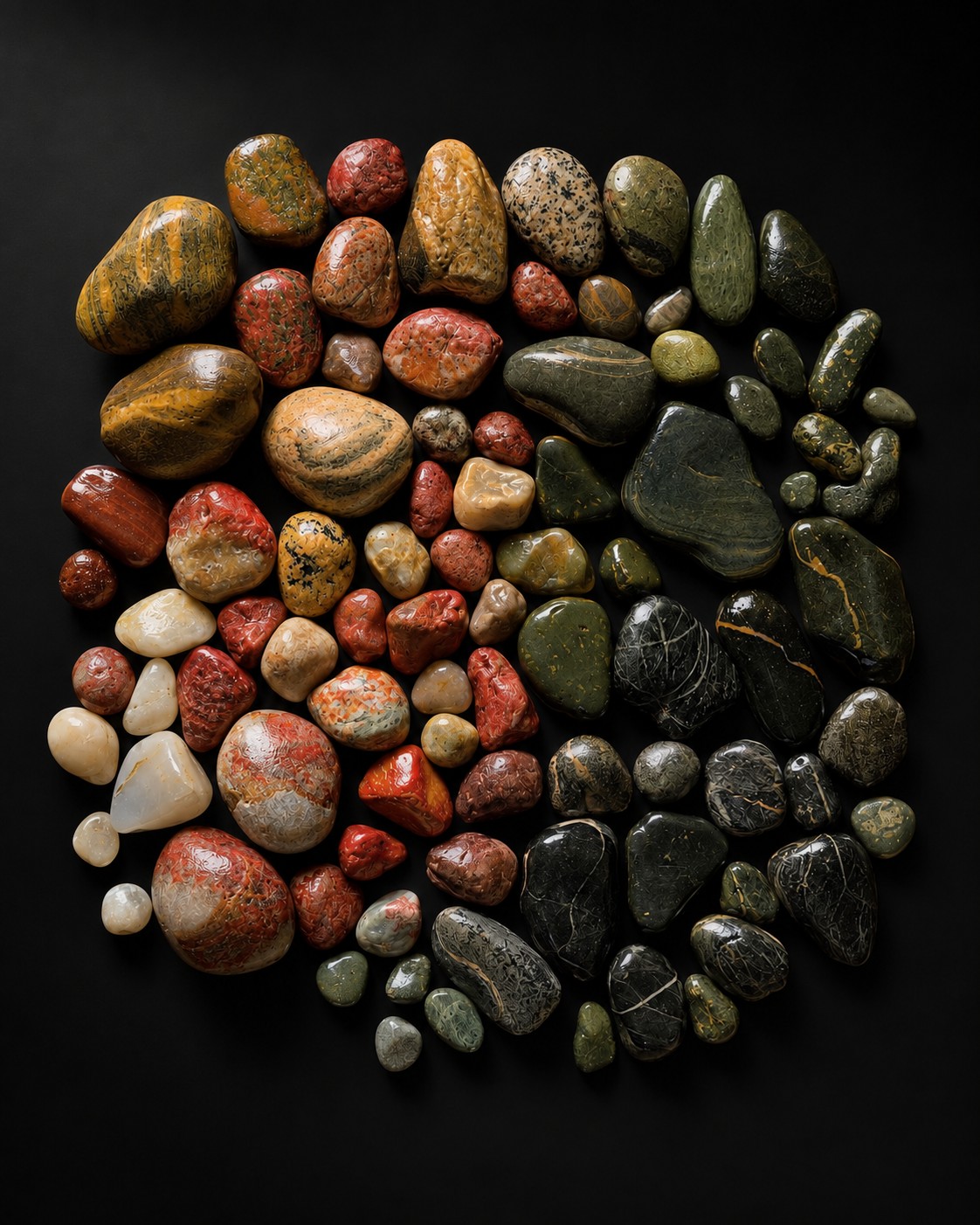 Polished river stones on black